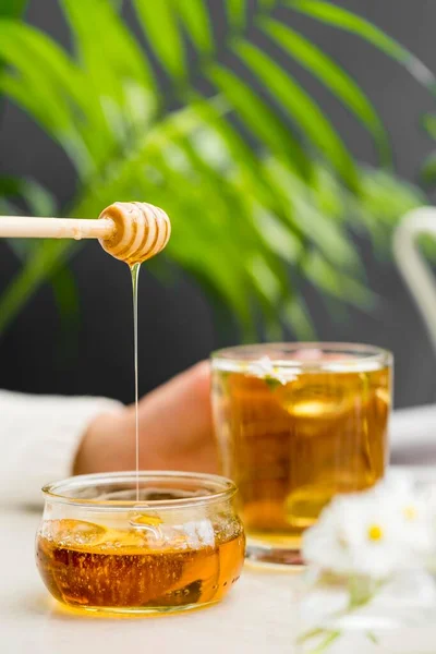 Frau in der Frontansicht hält Glas mit Teehoniglöffel. Hochwertiges Foto — Stockfoto