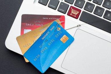 Kredi kartı numaralandırma kancası olan bir laptop. Yüksek kalite fotoğraf