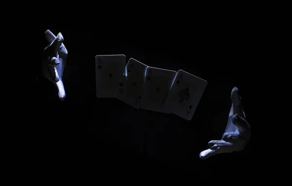 Magician s hand performing trick with playing card. High quality photo — Stock Photo, Image