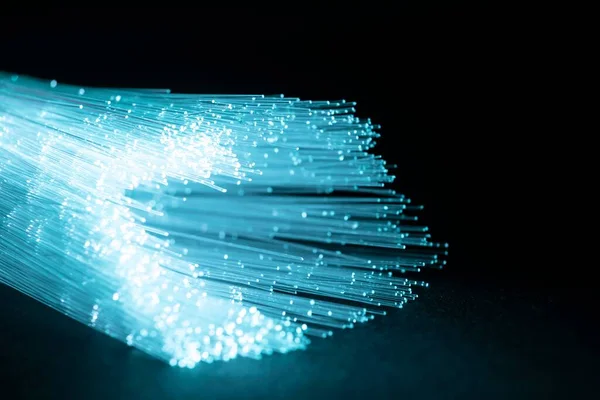 Blå lysande optisk fiber. Högkvalitativt foto — Stockfoto