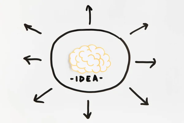 Cervello con idea testo circondato da freccia segni direzionali sfondo bianco. Foto di alta qualità — Foto Stock