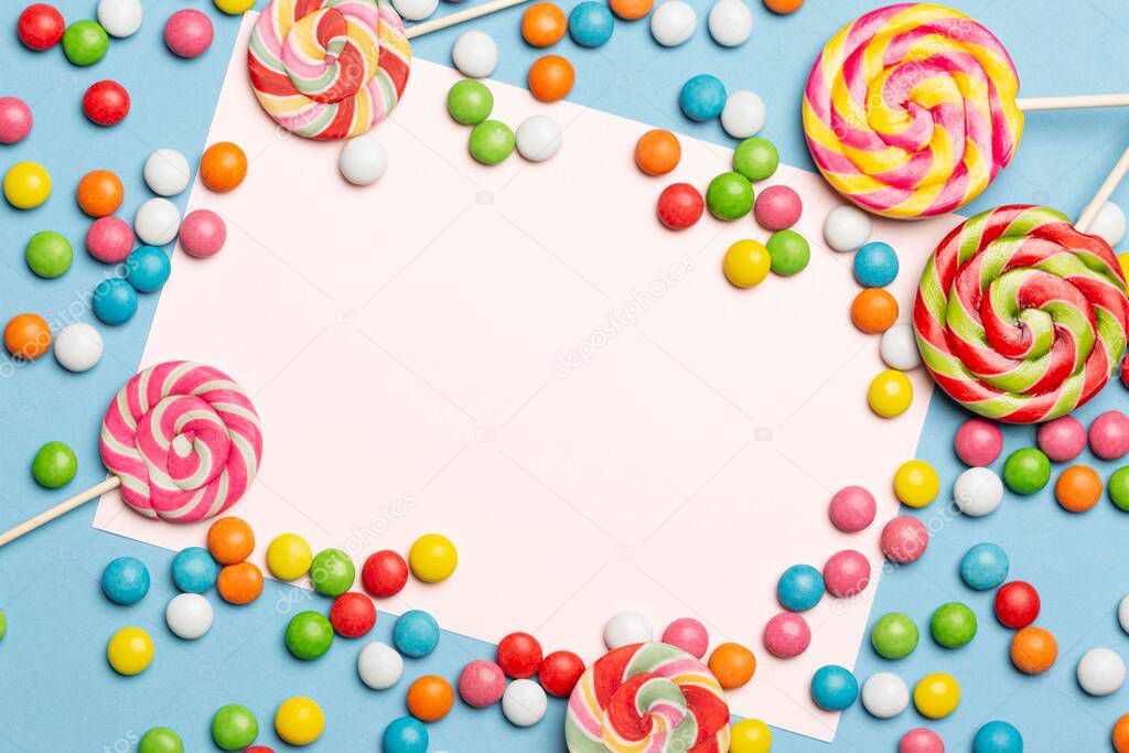 flat lay delicious colorful candies. High resolution photo