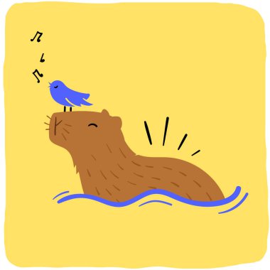 Brazilian capybara with singing bird hand drawing vector clipart