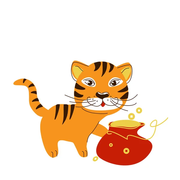 橙色的老虎 红色的钱袋和中国硬币 隔离在白色的背景 一种手绘风格的年度象征 矢量说明 — 图库矢量图片