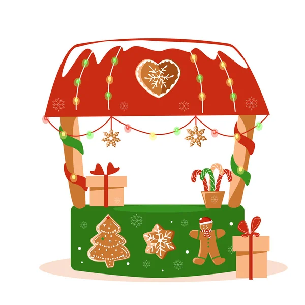 Mostrador Puestos Festivos Con Dulces Regalos Para Navidad Año Nuevo — Vector de stock