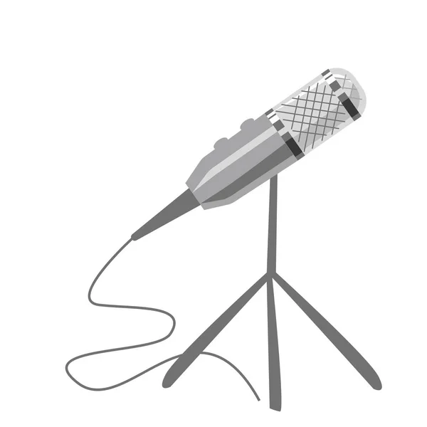 Podcast standında gri bir mikrofon. Beyaz arkaplanda çizgi film tarzında vektör illüstrasyonu