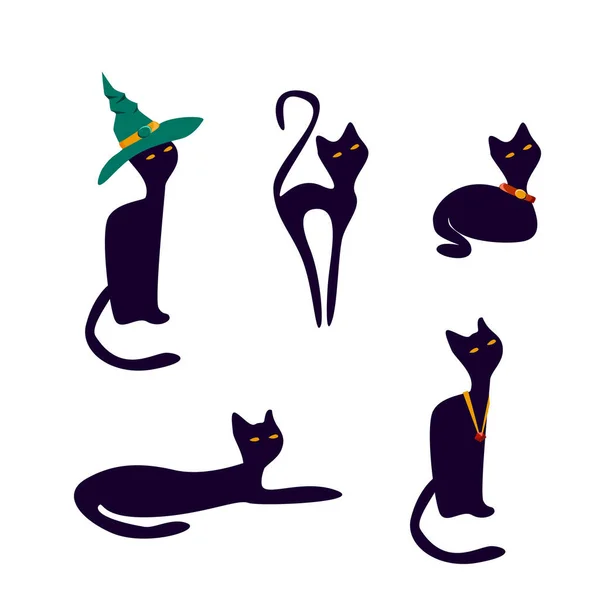 Colección de gatos negros en diferentes poses — Vector de stock