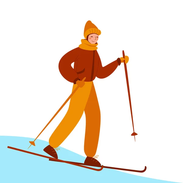 Een Man Warme Kleren Skiën Natuur Vector Illustratie Handgetekende Stijl — Stockvector