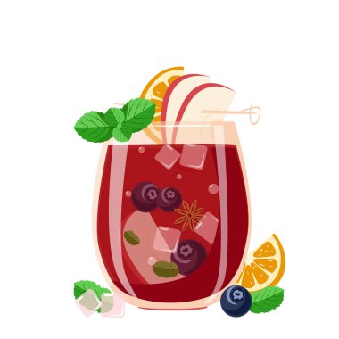 Bardakta buzlu meyveli alkollü içecek. Sangria geleneksel bir İspanyol içeceğidir. Beyaz arkaplanda izole edilmiş vektör illüstrasyonu