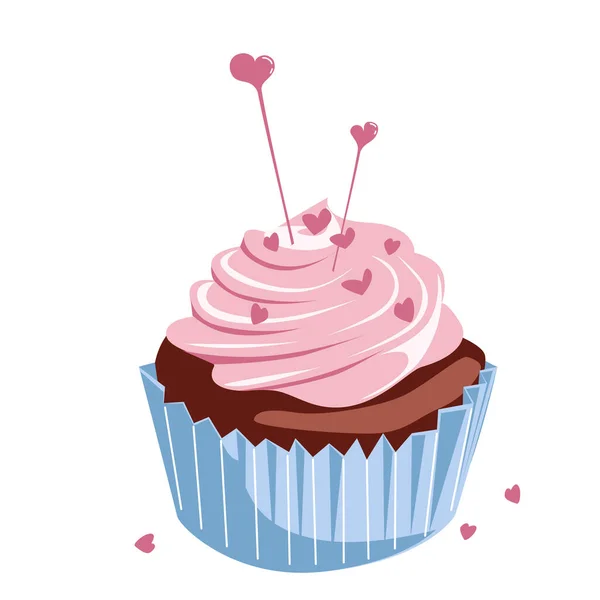 Cupcake with pink cream and hearts for Valentines day — Stock Vector