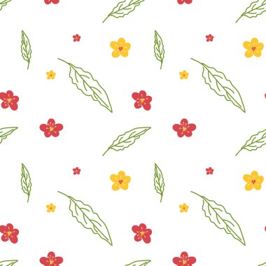 Şeftali çiçeklerinin ve yaprakların kusursuz yaz şablonu. Dekor, yazdırma, ambalaj kağıdı için beyaz arkaplan üzerindeki vektör illüstrasyonu