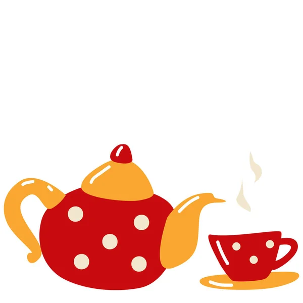 Çay ve puantiyeli kırmızı bir çaydanlık. Tatil için seramik sofra takımı. Beyaz arkaplanda vektör izole et