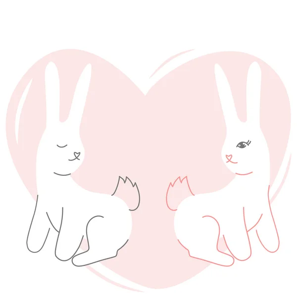 Une paire de lapins blancs sur fond de coeur rose — Image vectorielle