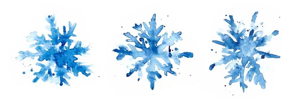 Set of watercolor brush painting, isolated snowflakes. granulation effect on paper. — Stock Photo, Image