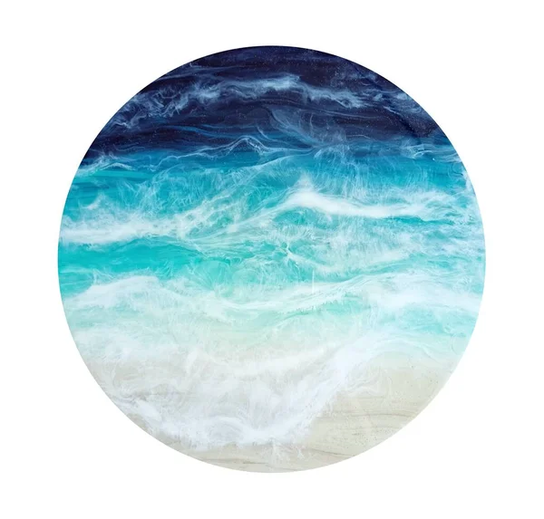 Horní pohled na pláž, mořská vlna, bílá pěna, béžový písek. Mořská pryskyřice, resinové umění. Detailní záběr modré, azurové, tyrkysové barvy vody, pobřeží. Módní malba, letní slunná pláž, mořská pláň. Kulatá ikona — Stock fotografie
