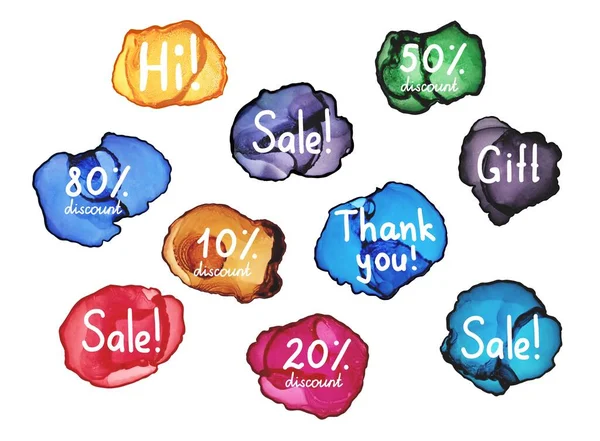 Set Bule Vorbire Vânzare Reducere Mulțumesc Expresii Vânzare Diferite Forme — Fotografie, imagine de stoc