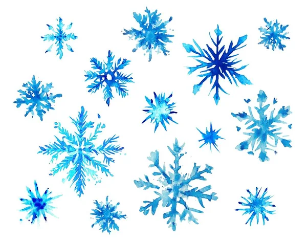 Set aus Aquarell isolierten Schneeflocken, Granulierungseffekt auf Papier, Pinselmalerei, Winterillustration, große und kleine Schneeflocken, Aquarellspritzer — Stockfoto