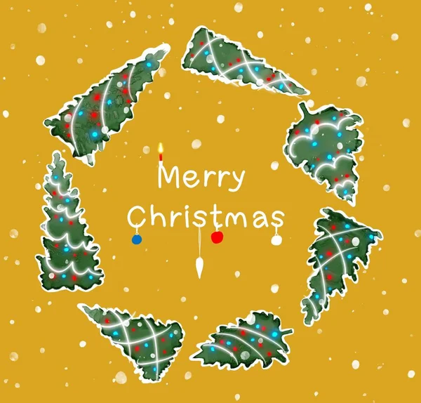 Σετ από απομονωμένο έλατο, πεύκο, χριστουγεννιάτικο δέντρο. Συλλογή από χριστουγεννιάτικα στολίδια, δώρα διακοπών, χειμώνα νιφάδες χιονιού φόντο. Πολύχρωμο ακουαρέλα Χριστούγεννα εικονογράφηση, Χριστούγεννα ευχετήρια κάρτα. — Φωτογραφία Αρχείου