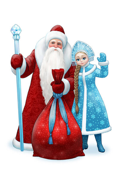 Russian Santa Claus and Snow Maiden with a bag of gifts