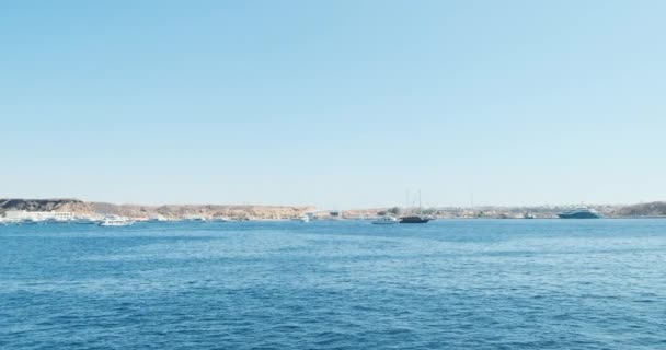 Widok z ruchomej łodzi do zatoki i zatoki w Egipcie z różnych jachtów i statków. Czysty dzień, wolny ruch, szeroki strzał. — Wideo stockowe
