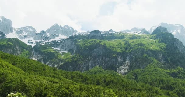 De larges images des Alpes albanaises à Valbona. Forêt verte de conifères, neige sur les sommets des montagnes, rochers et nuages. — Video