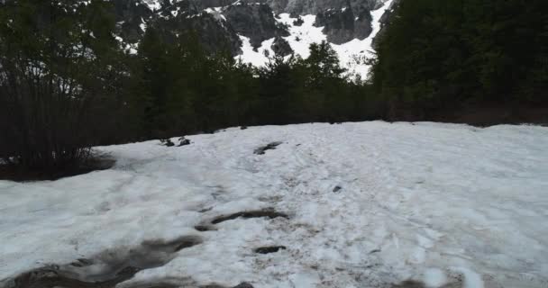 Footpath covered with snow in the Albanian alps. Green forest and snow-capped mountains in the background. Daytime, blue sky, wide shot, spring in the mountains. Road to Valbona — Stock Video