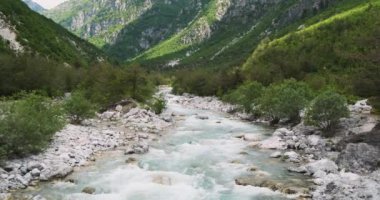 Bir dağ deresi, yeşil bir ormandan akan beyaz köpüklü açık mavi bir su akıntısı. Gündüz, bahar, yaz, alp ormanı, orta boy.