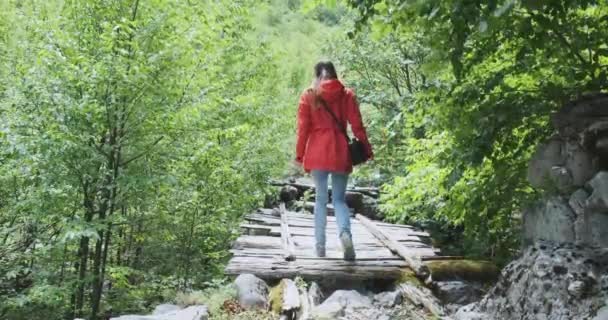 Una niña con una chaqueta roja camina a lo largo de un viejo puente de madera, entre un sendero de montaña en un bosque alpino verde. Vista diurna, panorámica, cámara lenta, retrovisor — Vídeo de stock