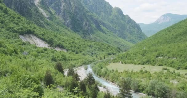 Un amplio tiro a un hermoso valle con montañas alpinas y un río que fluye a través de un bosque verde. La nieve es visible en la parte superior. Durante el día, primavera, verano, alpes — Vídeo de stock
