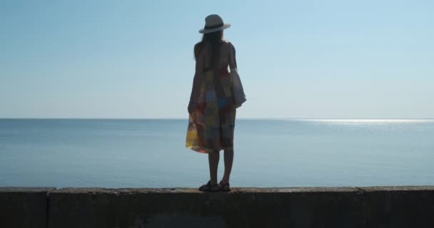 Eine junge Frau mit Hut steht auf einem Betonpier und blickt auf die ruhige See in der Ferne. Tagsüber ruhige, helle Sonne im Zenit, wolkenloser Himmel. — Stockvideo