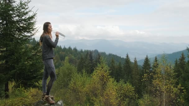 Young woman stands in the forest against the backdrop of a forest in the mountains and drinks water from a plastic bottle. Trekking, training in nature — Stock video