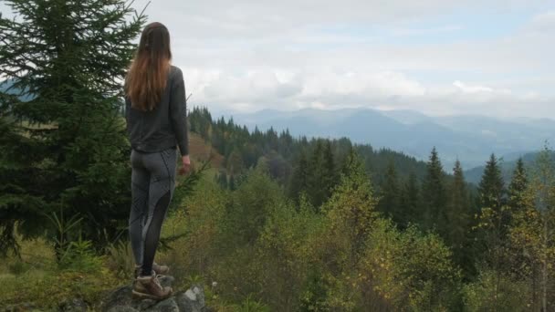 Beautiful young athletic girl stands on a hill among a green forest and mountains and hugs the world, spreading her arms to the sides. Wide shot, daytime, cloudy — стоковое видео