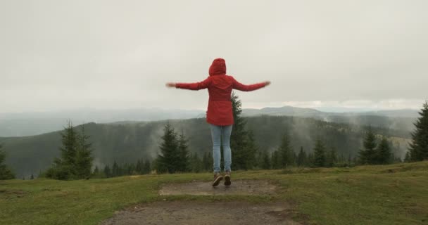 Girl Red Jacket Got Lost Mountains Waves His Arms Jumps — стоковое видео