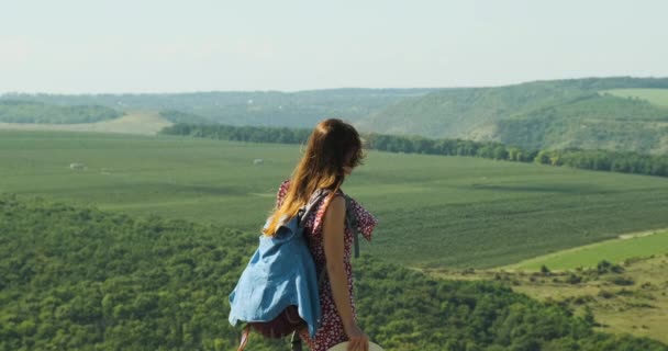 Дівчина з довгим рудим волоссям стоїть на тлі зеленої долини і дивиться вниз. Вітряна погода, середній постріл, повільний рух, вид ззаду — стокове відео