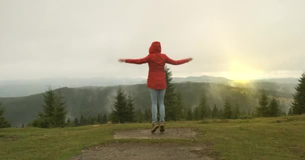 Девушка в куртке с капюшоном радостно прыгает и радуется на рассвете солнца в горах среди тумана и зеленых деревьев. Вид сзади, широкий выстрел — стоковое видео