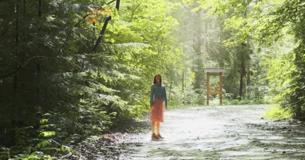 Жінка дивиться на сонце, яке проривається крізь листя в лісі. Дівчина одна на лісовій дорозі, промені сонця, час після дощу — стокове відео