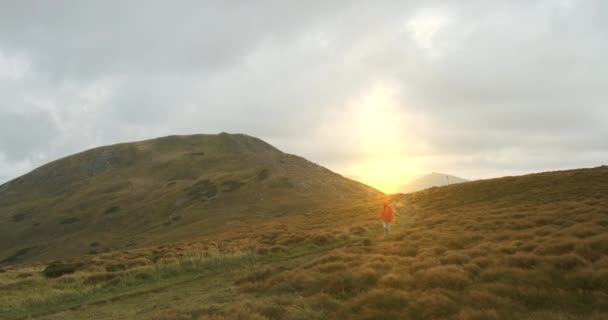 Sunset in the mountains, a tourist girl walks along a green path, against the backdrop of an orange sun that sets behind the mountain. Wide shot, spring summer, Carpathians, Ukraine — ストック動画