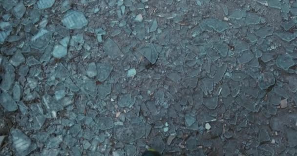 Top View First Person Walk Broken Glass Fragments Abandoned Building — Stock Video