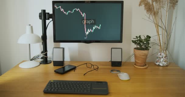 Monitorbildschirm Arbeitsplatz Mit Einer Grafik Über Wachstum Und Fall Von — Stockvideo