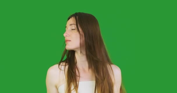 Young Long Haired Woman Shakes Her Head Side Side Enjoying — Stock Video