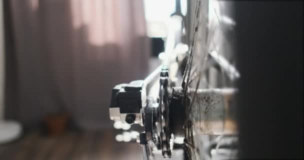 Close Spinning Bicycle Chain Rear Sprocket Rear Wheel Rotates Pedal — Stock Video