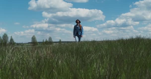 デニムの若い女性が緑の背の高い草の方へ歩いている 白い雲 青い空 春の夏 戻り値の概念は あなたの目標 田舎に移動します 広いショット 日当たりの良い — ストック動画