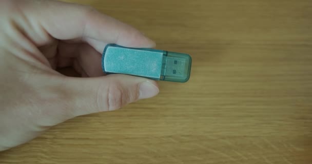 Mans Hand Holds Flash Drive Open Connector Protective Cap Close — Video