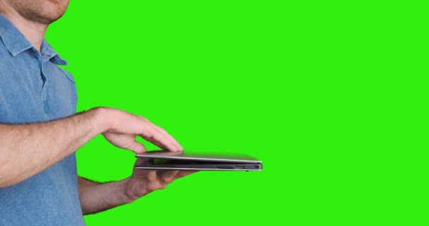 Young Man Opens Laptop Points Screen Hand Side View Chroma — Wideo stockowe