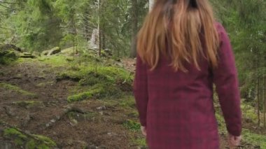 Woman walks along forest path, rear view. Jacket, leggings boots. Pine trees, hilly terrain. Concept of travel, exploration, trekking. Daytime, autumn. High quality 4k footage