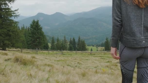 Young Long Haired Girl Walks Clearing Looking Mountains Ahead Green — Stock video