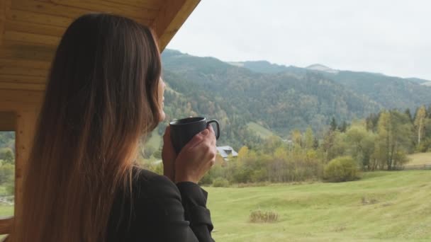 Long Haired Beautiful Woman Holds Cup Drinks Coffee Tea View — Stockvideo