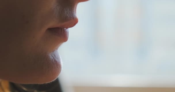 Man Drinks Morning Coffee Black Cup Side View Close Face — Vídeo de stock