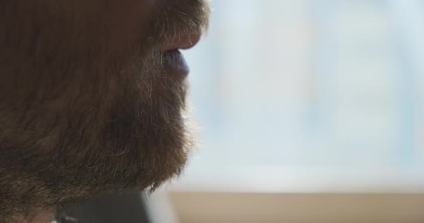 Man Drinks Morning Coffee Black Cup Side View Close Face — Stok video