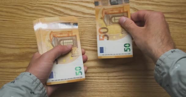 Mens Hands Count Money Cash Euro Top View First Person — 图库视频影像